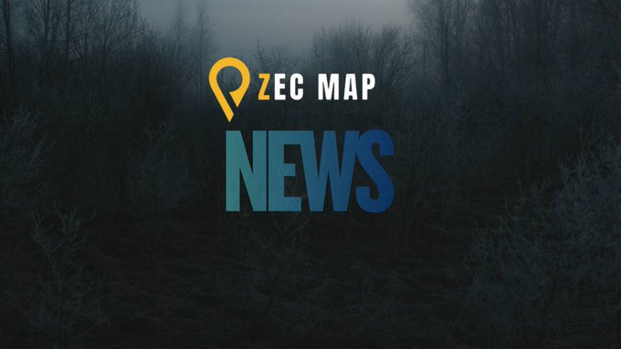 A dark, atmospheric background with frosty branches displaying the 'ZEC MAP NEWS' logo and a location pin icon.