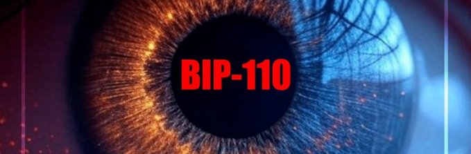 A graphic features a close-up of a human eye illuminated in orange and blue, with the red text 'BIP-110' overlaid across the pupil.