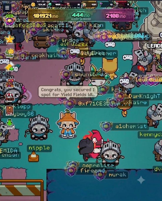 A pixel art game screenshot showing numerous player characters gathered in an area, with a chat bubble reading 'Congrats, you secured 1 spot for Yield Fields WL' and a top leaderboard showing 181921 USD, 444 USD, and 2400 USD.