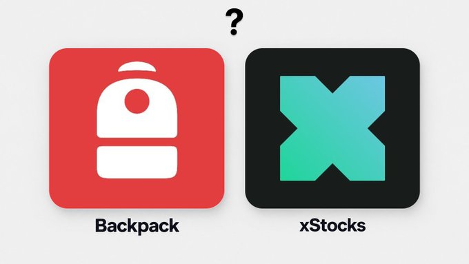 Two app icons are displayed side by side with a question mark above: a red 'Backpack' icon with a white backpack symbol, and a black 'xStocks' icon with a green and blue 'X' logo.