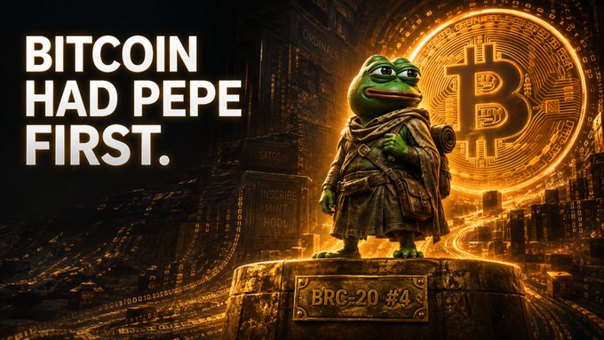 A meme graphic featuring the Pepe frog character dressed as a samurai standing on a pedestal labeled 'BRC-20 #4', with a large golden Bitcoin symbol glowing behind him and the bold text 'BITCOIN HAD PEPE FIRST.' overlaid on the left.