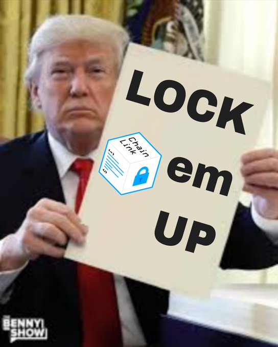 A 'Lock em up' meme features Donald Trump holding a sign with a 'Chain Link' logo and padlock icon, watermarked 'BENNY SHOW'.