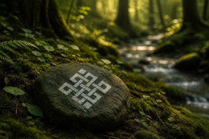 A white eternal knot symbol is painted on a mossy rock beside a stream in a lush green forest.