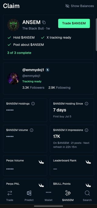 A mobile app screenshot of a 'Claim' page for $ANSEM (The Black Bull) showing 3 of 3 tasks complete, with account details for @emmydoj1 including 3.3K followers, 7 days holding period, and 17K $ANSEM X Impressions.