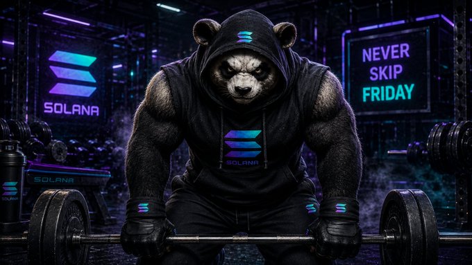 A digital illustration of a muscular bear wearing a Solana-branded hoodie lifting weights in a neon-lit gym with 'NEVER SKIP FRIDAY' on a screen.
