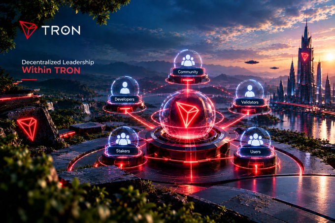 A TRON graphic titled "Decentralized Leadership Within TRON," depicting a glowing red central hub connected to Community, Developers, Validators, Stakers, and Users.