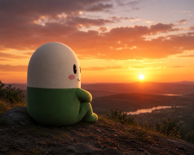 3D-rendered cute, round, egg-shaped mascot character with a smiling face and green lower half, sitting on a rocky outcrop while watching a sunset over a valley with a lake.