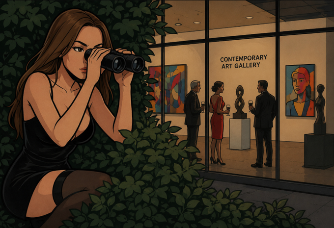 A digital illustration shows a woman in a black dress hiding in bushes and using binoculars to spy on a group of well-dressed people socializing at a 'CONTEMPORARY ART GALLERY'.