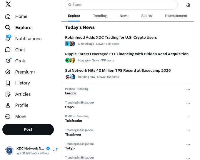 The image shows the X (formerly Twitter) Explore page featuring a "Today's News" section that highlights "Robinhood Adds XDC Trading for U.S. Crypto Users" as the top story, posted 12 hours ago with 1.3K posts. The story visually supports the post's claim that this news is currently trending on X, with the article appearing prominently at the top of the news feed.