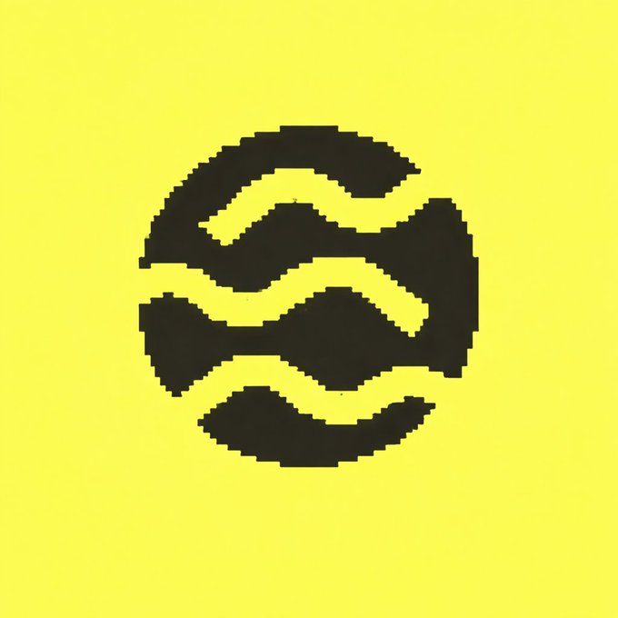 A pixelated black abstract logo is displayed on a bright yellow background.