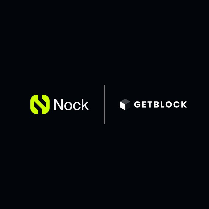Black background displaying two logos side by side: 'Nock' (green logo) and 'GETBLOCK' (white cube logo), separated by a vertical line.