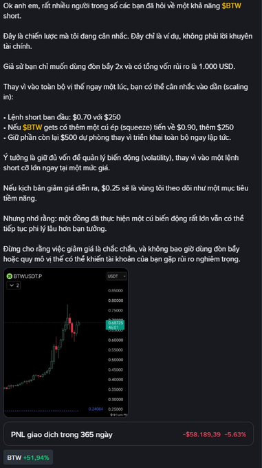 A Vietnamese-language social media post discussing trading strategy for ticker $BTW, showing a stock chart with a PNL of -$58,189.39 (-5.03%) over 365 days.