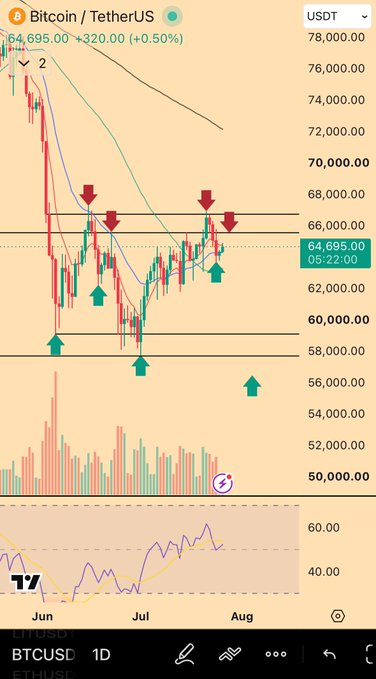 A Bitcoin/USDT daily chart shows BTC trading at $64,695.00 (+0.50%), with price hovering near a key resistance zone around $66,000 (marked with red downward arrows indicating failed breakouts) and a support zone near $58,000 (marked with green upward arrows), reflecting the post's speculative "$BTC What if?" sentiment about potential upside or downside scenarios from current levels.