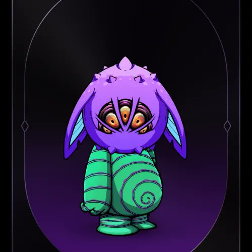 A digital illustration of a strange purple and green creature with multiple eyes on its face, a spiked head, and a snail-like shell body on a dark purple background.
