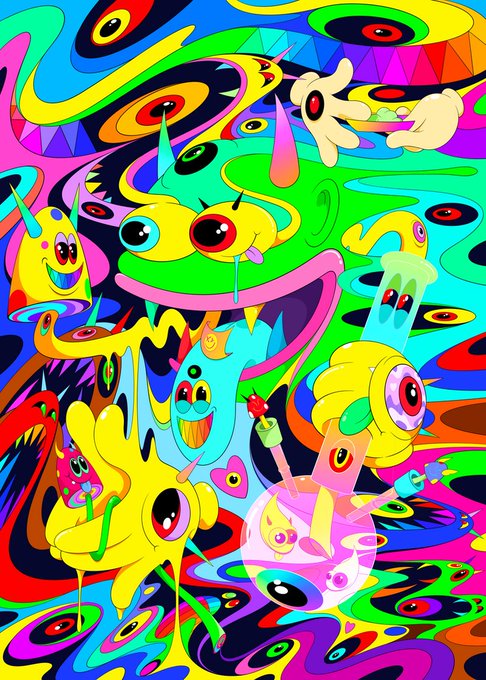 A vibrant, psychedelic digital artwork featuring colorful, cartoonish alien creatures with multiple eyes amidst swirling, abstract shapes in neon greens, pinks, yellows, and blues.