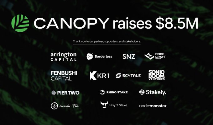 A promotional graphic announcing 'CANOPY raises $8.5M' with logos of partners including Arrington Capital, Borderless, SNZ, Code Craft, Fenbushi Capital, KR1, SCYTALE, Sonic Boom Ventures, PierTwo, Rhino Stake, Stakely, Lavender.Five, Easy 2 Stake, and nodemonster.
