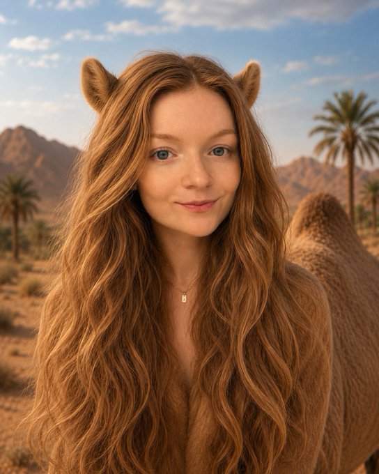 AI-generated image of a woman with long wavy auburn hair and animal-like ears, set in a desert landscape with palm trees and a camel in the background.