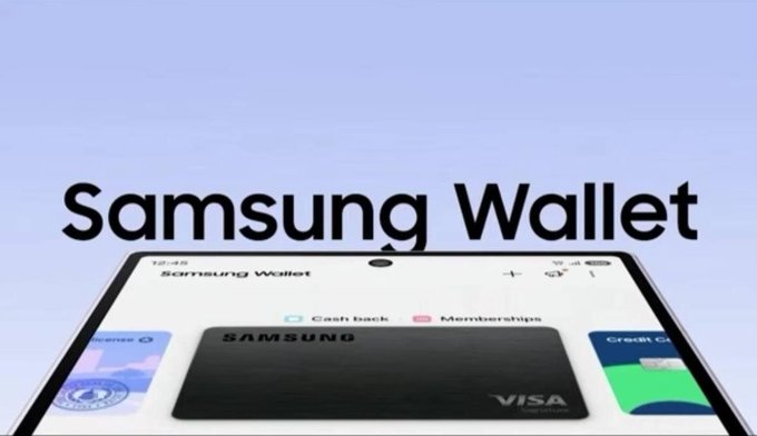 A Samsung Wallet promotional graphic showing the app interface on a smartphone displaying a Samsung Visa card, with 'Samsung Wallet' text prominently featured above.