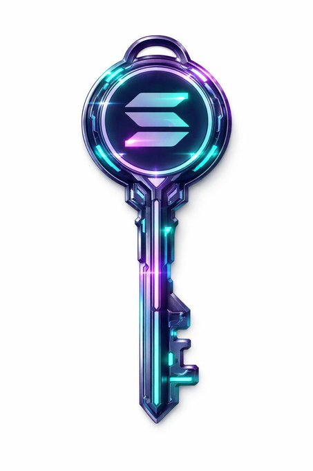 A digital illustration of a stylized key with the Solana logo, featuring a futuristic design in glowing blue, purple, and silver colors against a white background.