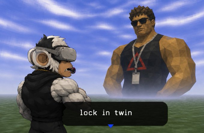 3D game screenshot showing a muscular character in a VR headset facing a giant sunglasses-wearing figure with a lanyard, with a dialogue box reading 'lock in twin'.