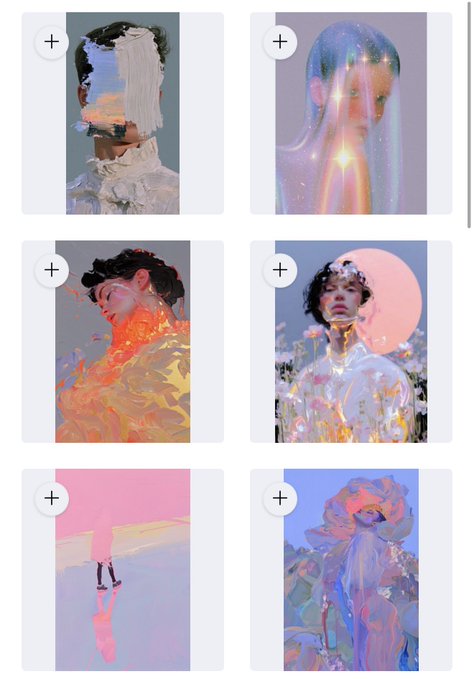 A grid of six portraits showcasing stylized, colorful digital art of figures with glowing and painterly effects, each thumbnail featuring a plus icon in the top left corner.