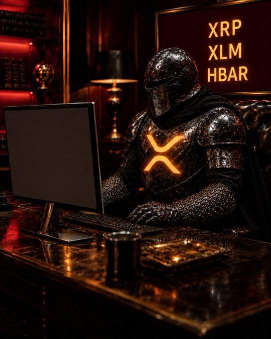 A heavily armored, dark knight-like figure with a fiery orange XRP logo emblazoned on his chest sits working intently at a desk, with "XRP XLM HBAR" displayed on a board behind him, embodying the post's message of disciplined grind over distraction. The moody, war-room atmosphere—complete with leather chair, glowing monitor, and scattered gold—visually reinforces the "handle what you can control" and "no excuses" hustle mentality directed at XRP holders starting their week.