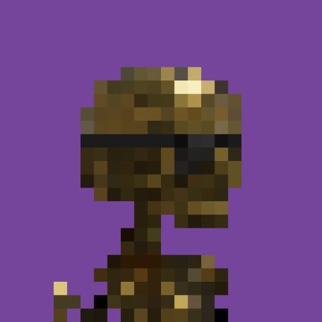 A pixelated, side-profile portrait of a person with brown skin wearing dark goggles and a head covering against a solid purple background.
