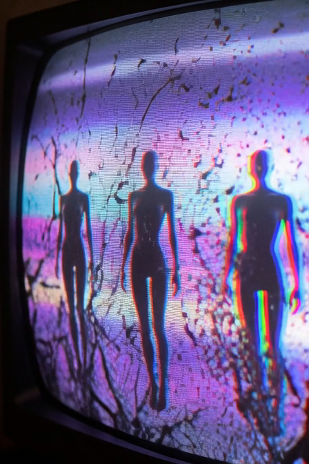 A photograph of an old CRT TV screen displaying three silhouetted humanoid figures bathed in glitchy, neon-pink and purple static, visually echoing the cryptic "333 signals. one source. today." post with its ethereal, otherworldly atmosphere.

The image doesn't contain any readable text—it uses the distorted, retro-futuristic TV aesthetic and mysterious figures to match the enigmatic, signal-themed tone of the post.