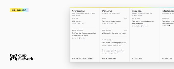 A Quip Network announcement banner lists four features: 'Your account', 'QuipSwap', 'Run a node', and 'Refer friends', detailing how to earn points and QP tokens.
