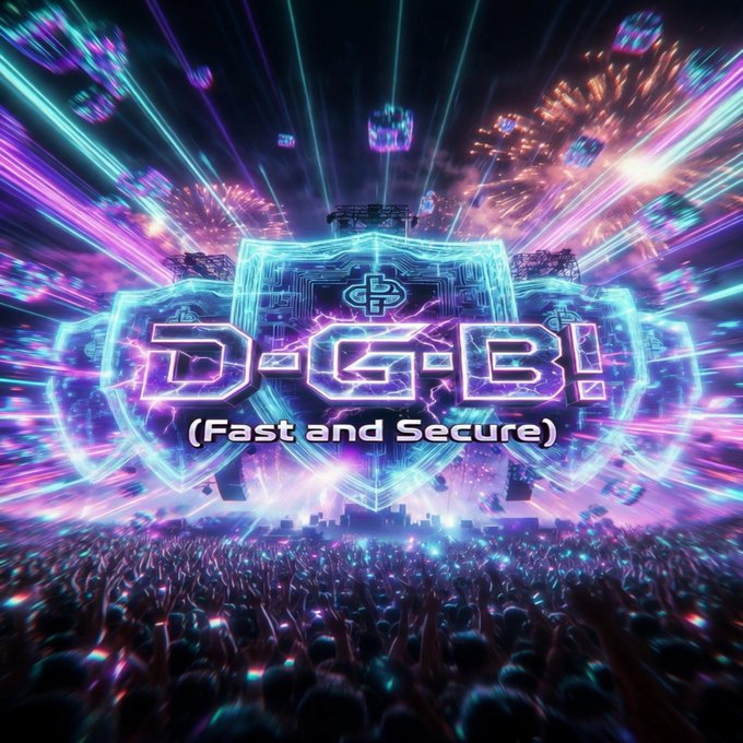 A vibrant, neon-lit concert-style promotional graphic featuring 'DGB! (Fast and Secure)' with glowing lights and a large crowd, promoting DigiByte cryptocurrency.