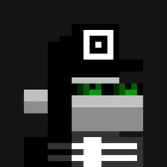 A simple pixel art character on a black background featuring a gray and black body with a white square head and bright green eyes.