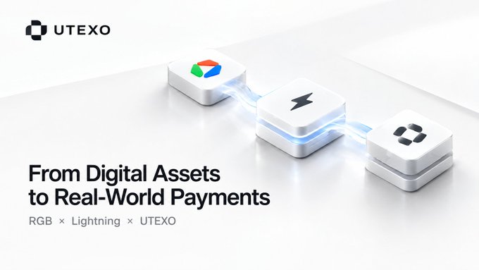 The image is a promotional graphic for UTEXO featuring three white 3D cubes connected by blue energy lines, displaying the Google Drive logo, a Lightning bolt symbol, and the UTEXO logo, with the headline "From Digital Assets to Real-World Payments" and the tagline "RGB × Lightning × UTEXO" — visually illustrating the seamless bridge the company builds between digital assets on Bitcoin's RGB protocol and Lightning-powered real-world payment utility.