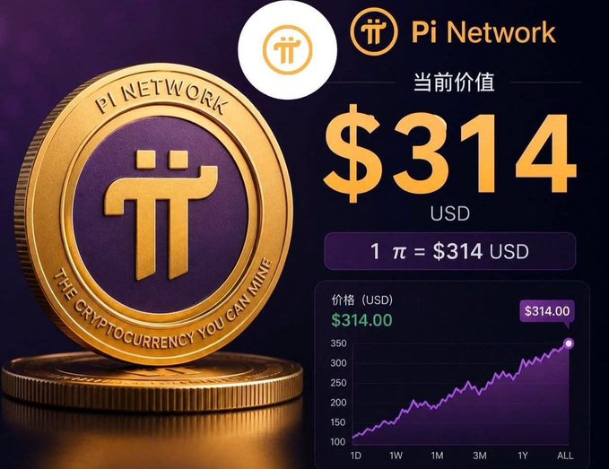 Promotional graphic claiming the current value of Pi Network cryptocurrency is $314 USD, featuring an image of a gold Pi coin and a price trend chart.