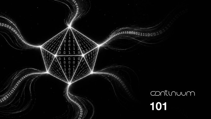 A geometric polyhedron composed of binary code (0s and 1s) sits against a starry black background, with streams of binary digits flowing outward from its vertices like cosmic tendrils. The text "c0ntinuum" and "101" appears in the lower right, visually reinforcing the post's introduction of c0ntinuum as a blockchain ecosystem—where the icosahedral structure and flowing data streams symbolize an interconnected, decentralized network enabling interoperability without intermediaries.