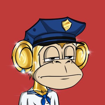 A digital illustration features a golden-furred cartoon ape wearing a dark blue police cap with a badge and a matching neckerchief, set against a solid red background—this serves as the "Jungle Bay Ape #4748" NFT referenced in the post. The character represents the user's second legendary JBAC collectible from the $BAYLA community.