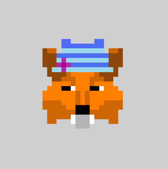 A pixel art illustration of an orange fox or squirrel face wearing a blue and purple striped beanie hat.