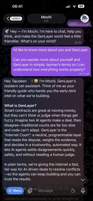 Telegram chat screenshot with 'Mochi bot' explaining GenLayer as a 'neutral, programmable layer' that resolves AI agent disputes via an 'Internet Court'.