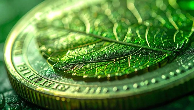 A close-up, macro shot of a green, textured coin featuring a leaf design and the partial text "REPUBLICA" along its edge.