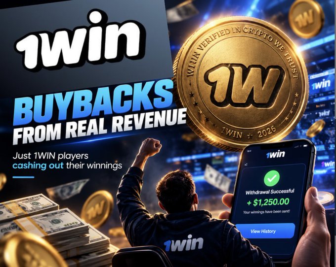 A promotional graphic for 1WIN's crypto buyback program features the 1WIN logo alongside a gold "Verified in Crypto We Trust" coin dated 2026, with bold text reading "BUYBACKS FROM REAL REVENUE — Just 1WIN players cashing out their winnings," while a person in a 1WIN shirt watches a phone display confirming a successful $1,250.00 withdrawal, visually reinforcing the post's message about the token's connection to real platform activity.
