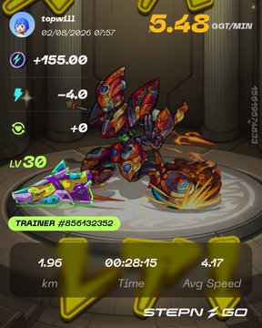 A 'STEPN GO' fitness app screenshot showing a colorful creature character, level 30, with stats including 5.48 GST/MIN and trainer ID #856432352.