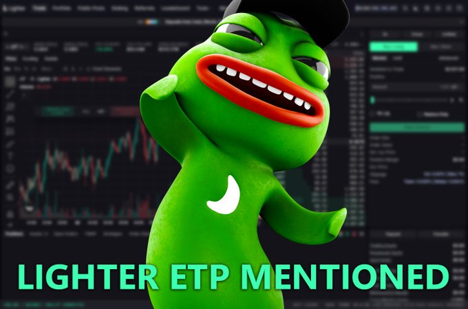 A Pepe the Frog meme character wearing a backwards cap is shown with the text 'LIGHTER ETP MENTIONED' over a background of trading charts.