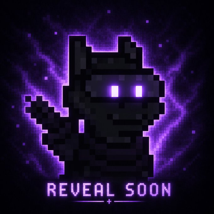 A pixel art graphic featuring a dark cat-like character with glowing purple eyes and a crown silhouette, surrounded by purple energy effects, with 'REVEAL SOON' text displayed at the bottom.