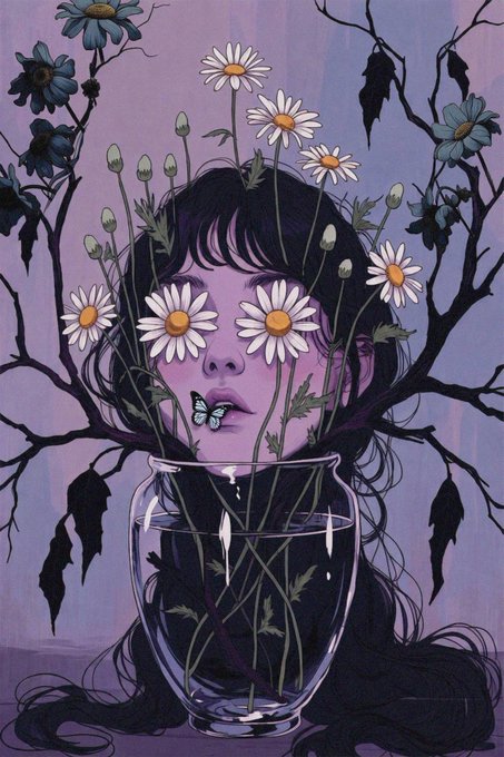 A purple-toned illustration of a girl with daisies covering her eyes, surrounded by dark branches and leaves, with a butterfly on her lips and flowers emerging from a glass vase.