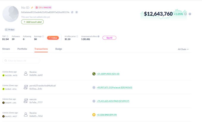 A screenshot of a crypto wallet profile showing a balance of '$12,643,760' with various recent transactions listed below.