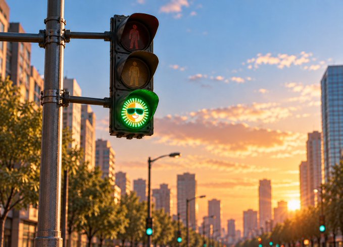 A traffic light at sunset has been edited so that the green light displays a smiling face with sunglasses, set against a city skyline.