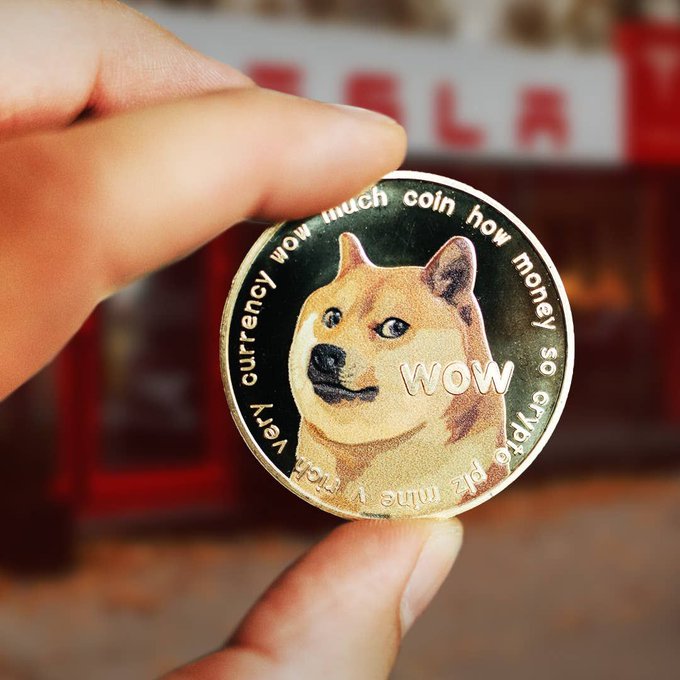 A hand holds up a physical Dogecoin commemorative coin featuring the iconic Shiba Inu "Doge" meme face with the word "WOW" and the humorous text "very currency wow much coin how money so crypto plz mine," visually representing the article's playful reference to DOGE as Trump declares ownership of the moon.