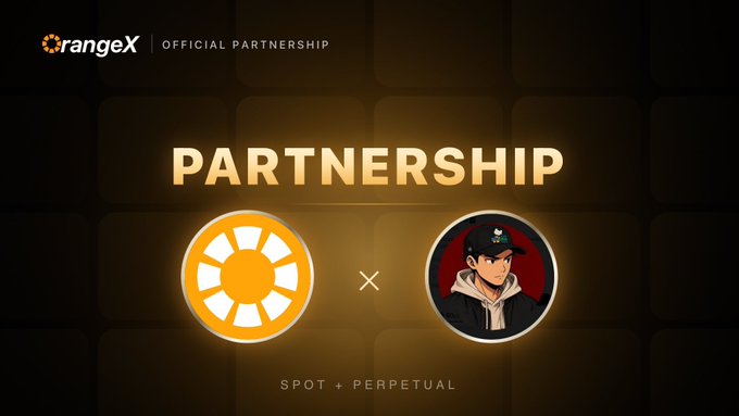 A partnership announcement graphic featuring "OrangeX" and another brand logo with the text "PARTNERSHIP" and "SPOT + PERPETUAL" underneath.