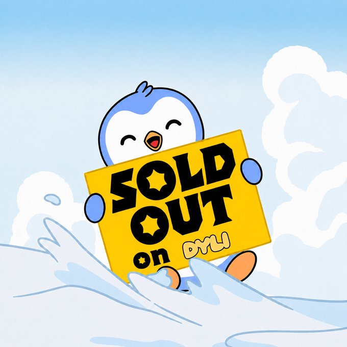 A cheerful cartoon penguin from Pudgy Penguins holds a bright yellow "SOLD OUT on KRW" sign, visually celebrating the rapid 2-hour sellout of the KakaWow x Pudgy Penguins pre-sale highlighted in the post.
