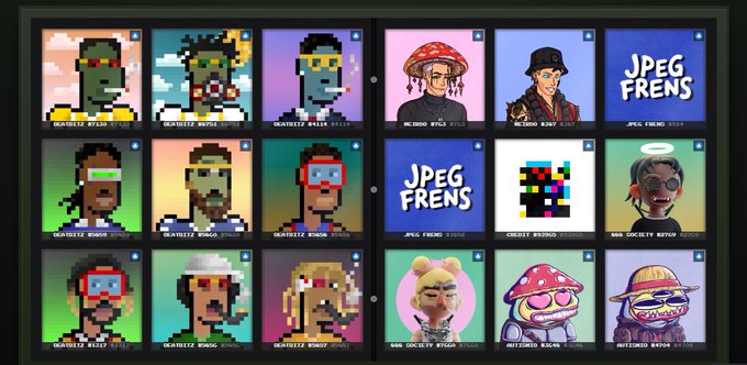 A grid display of digital NFT collectibles featuring pixel-art style portraits, including collections labeled 'GRADIENTZ,' 'MILADIO,' and 'JPEG FRENS.'