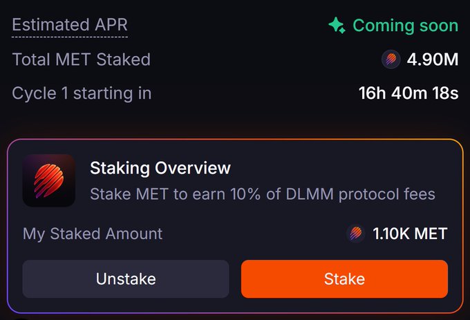 A staking dashboard displaying "Coming soon" for the Estimated APR, with 4.90M MET Total Staked and Cycle 1 starting in 16h 40m 18s, alongside a Staking Overview offering 10% of DLMM protocol fees for staking MET, showing a "My Staked Amount" of 1.10K MET with Stake and Unstake options. The image directly supports the post's message, showcasing the user's staking position as part of the Referral Staking Program to earn DLMM protocol fees.
